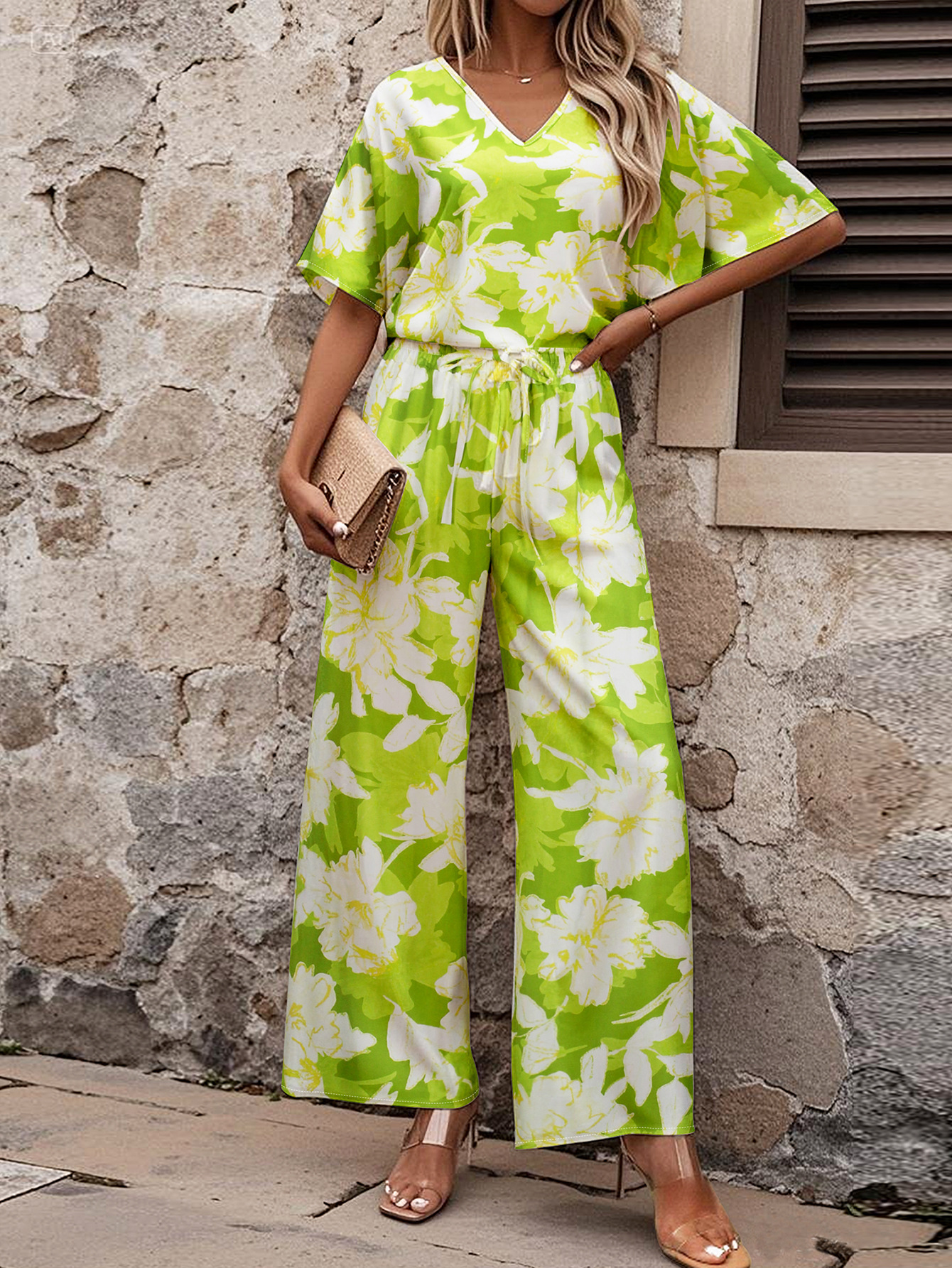 Women Elegant V-neck Short Sleeve Top and Long Pants Casual Two-piece Set