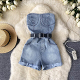 Women Denim Beaded Sleeveless Strapless Jumpsuit