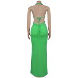 Women sexy knitting Halter Neck Backless Solid Dress