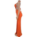 Women sexy knitting Halter Neck Backless Solid Dress