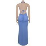 Women sexy knitting Halter Neck Backless Solid Dress