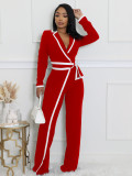 Women autumn and winter belt contrast color long-sleeved Jumpsuit