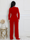 Women autumn and winter belt contrast color long-sleeved Jumpsuit