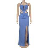 Women sexy knitting Halter Neck Backless Solid Dress