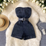 Women Denim Beaded Sleeveless Strapless Jumpsuit