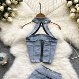 Women's Summer Halter Neck Crop Top Mini Skirt Two-Piece Denim Set