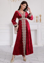 Autumn/Winter Muslim Women's V-Neck Long Sleeve Embroidery Velvet Dress