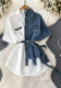Color Block Turndown Collar Slim Waist A-Line Single Button Denim Shirt Irregular T-Shirt Dress