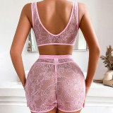 Pink Lace See-Through Casual Tank Top Shorts Panty Sexy Three-Piece Set