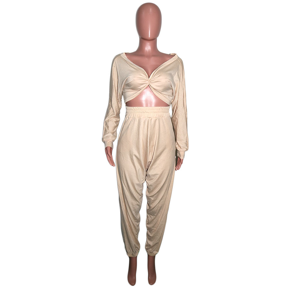 Women's Sexy Crop V-Neck Solid Color Cross Front Top Pants Two-Piece Set