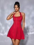 Women's Solid Color Halter Neck Lace-Up Strapless Hollow Patchwork Slim Waist Low Back Cocktail Dress