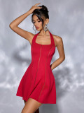 Women's Solid Color Halter Neck Lace-Up Strapless Hollow Patchwork Slim Waist Low Back Cocktail Dress