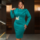 Fashion Embroidered Long Sleeve Evening Dress Plus Size High Waist Formal Party Dress
