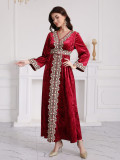 Autumn/Winter Muslim Women's V-Neck Long Sleeve Embroidery Velvet Dress