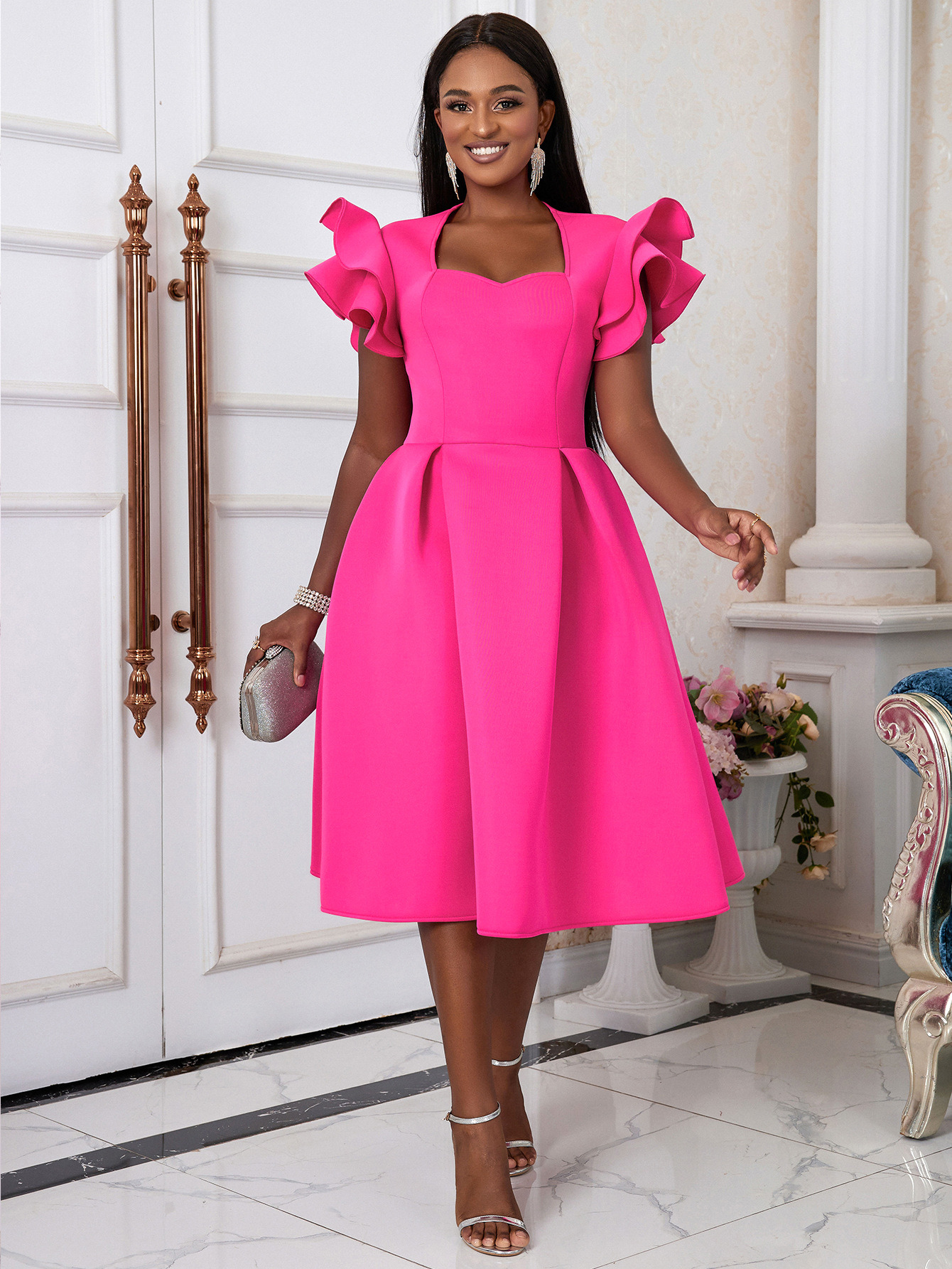 Ruffled Sleeve A-Line Plus Size Party Dress