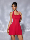 Women's Solid Color Halter Neck Lace-Up Strapless Hollow Patchwork Slim Waist Low Back Cocktail Dress