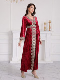 Autumn/Winter Muslim Women's V-Neck Long Sleeve Embroidery Velvet Dress