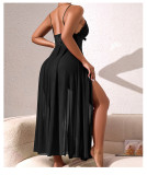 Pearl Embellished Low Back Nightgown Sexy Mesh Side Slit Strap Dress