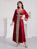 Autumn/Winter Muslim Women's V-Neck Long Sleeve Embroidery Velvet Dress