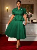 Plus Size Women's Green Jacquard Turndown Collar Button Ruffled Blouse A-line Skirt Two-Piece Set