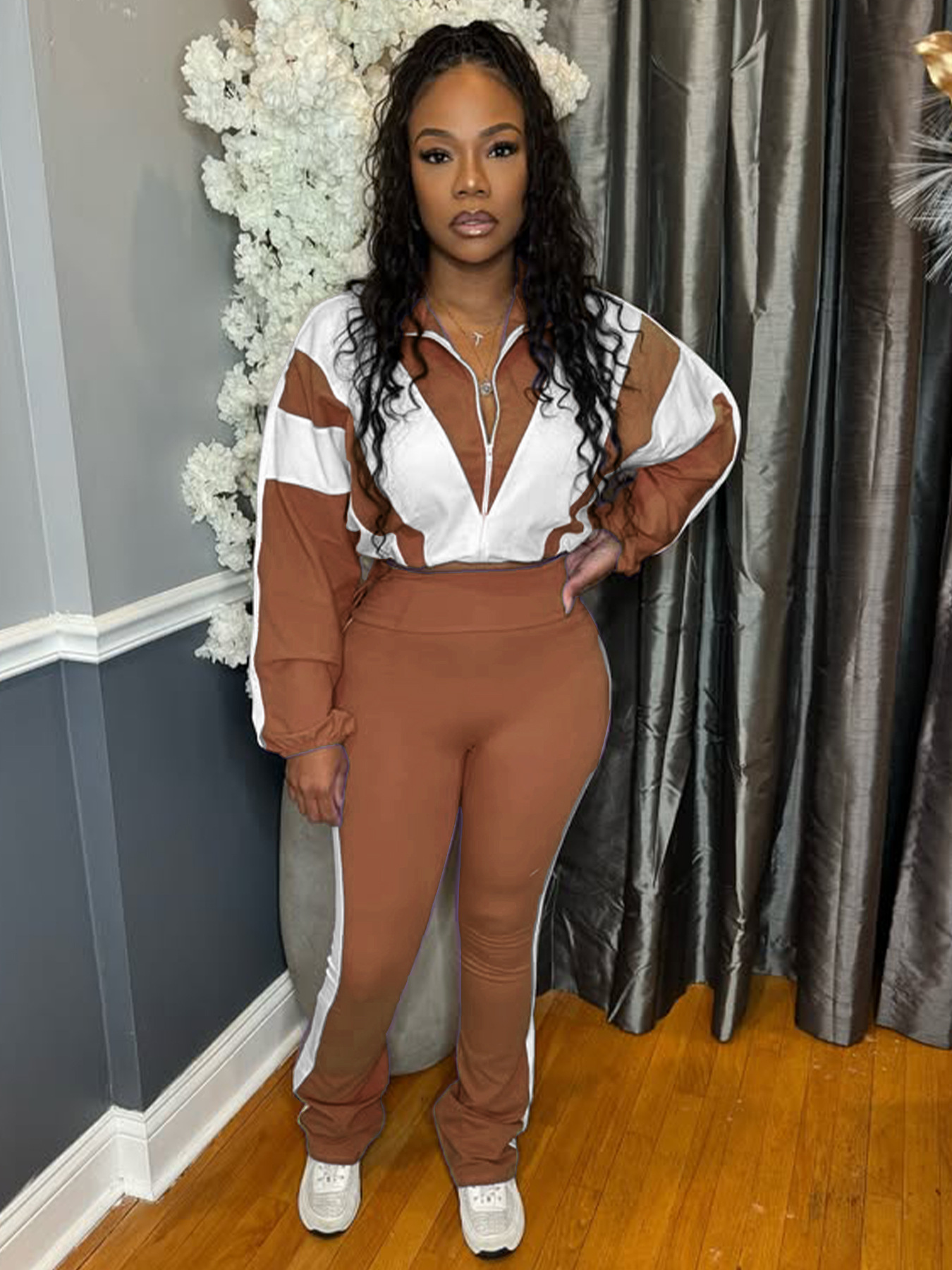 Women’s Casual Sportswear Color Block Slim Waist Two-Piece Jogger Set