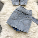 Women's Summer Halter Neck Crop Top Mini Skirt Two-Piece Denim Set