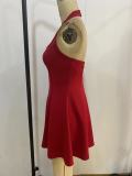 Women's Solid Color Halter Neck Lace-Up Strapless Hollow Patchwork Slim Waist Low Back Cocktail Dress