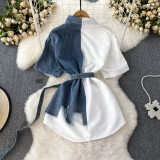 Color Block Turndown Collar Slim Waist A-Line Single Button Denim Shirt Irregular T-Shirt Dress