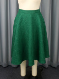 Plus Size Women's Green Jacquard Turndown Collar Button Ruffled Blouse A-line Skirt Two-Piece Set