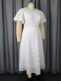 Africa Plus Size Round Neck Lace Puff Sleeve High Waist A-Line Formal Party Evening Gown