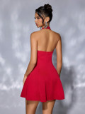 Women's Solid Color Halter Neck Lace-Up Strapless Hollow Patchwork Slim Waist Low Back Cocktail Dress