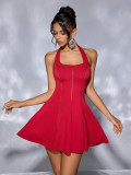 Women's Solid Color Halter Neck Lace-Up Strapless Hollow Patchwork Slim Waist Low Back Cocktail Dress