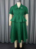 Plus Size Women's Green Jacquard Turndown Collar Button Ruffled Blouse A-line Skirt Two-Piece Set