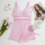 Pink Lace See-Through Casual Tank Top Shorts Panty Sexy Three-Piece Set