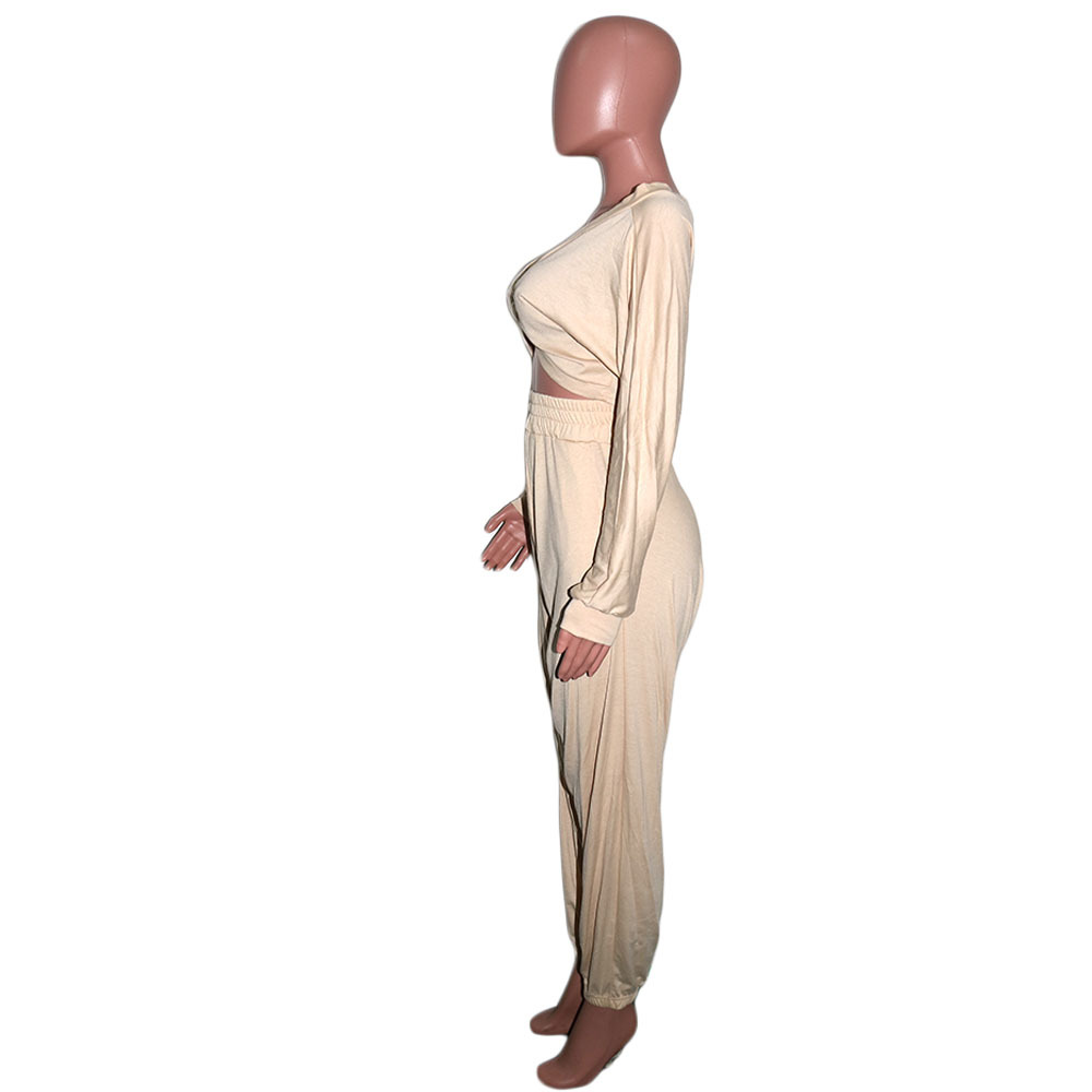 Women's Sexy Crop V-Neck Solid Color Cross Front Top Pants Two-Piece Set