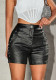 PU Leather Mid-Waist Pocket Black Women's Sexy Slim Waist Shorts