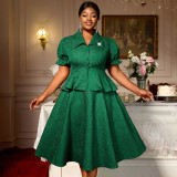 Plus Size Women's Green Jacquard Turndown Collar Button Ruffled Blouse A-line Skirt Two-Piece Set