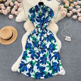 Retro V-Neck Print Dress Women's Summer Tie Slim Waist Loose Shirt Dress