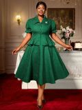 Plus Size Women's Green Jacquard Turndown Collar Button Ruffled Blouse A-line Skirt Two-Piece Set
