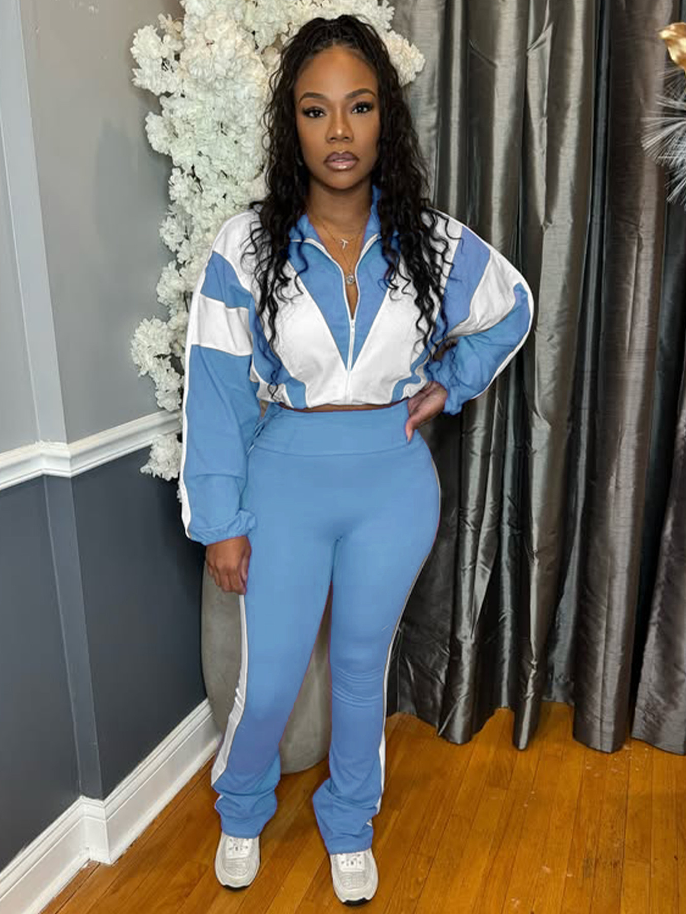 Women’s Casual Sportswear Color Block Slim Waist Two-Piece Jogger Set