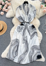 Retro V-Neck Print Dress Women's Summer Tie Slim Waist Loose Shirt Dress