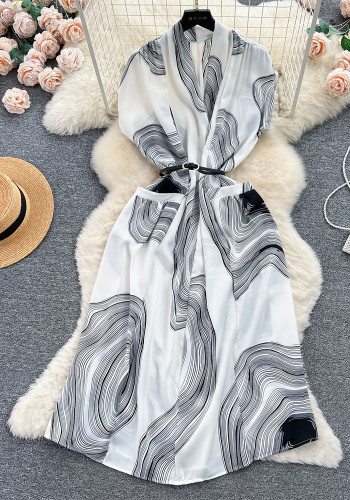 Retro V-Neck Print Dress Women's Summer Tie Slim Waist Loose Shirt Dress