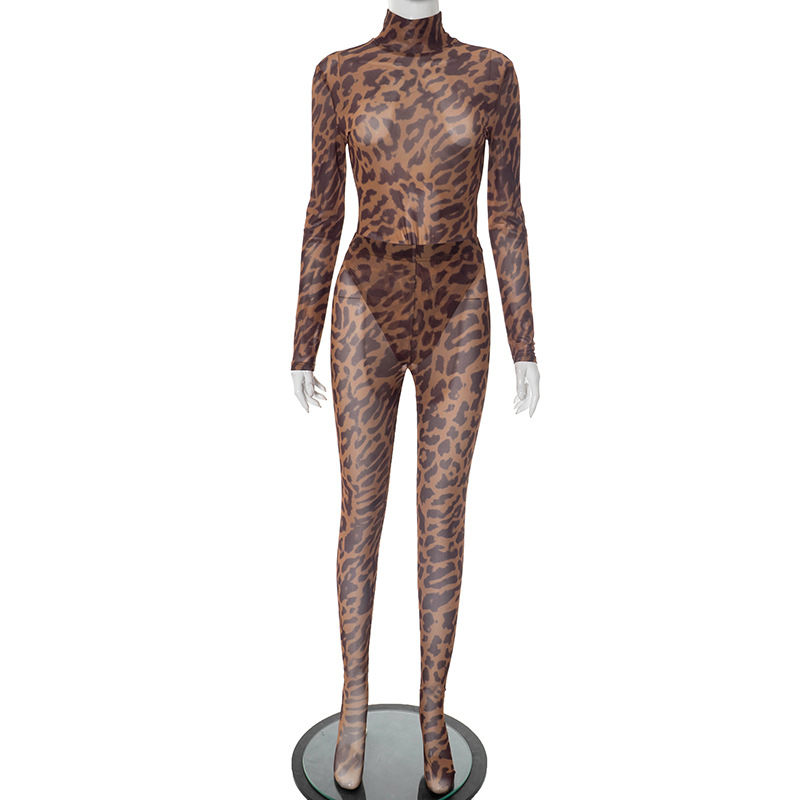 Women's Leopard Print Mesh High Neck Long Sleeve Fingerless Glove Bodysuit Tight Fitting Leggings Set