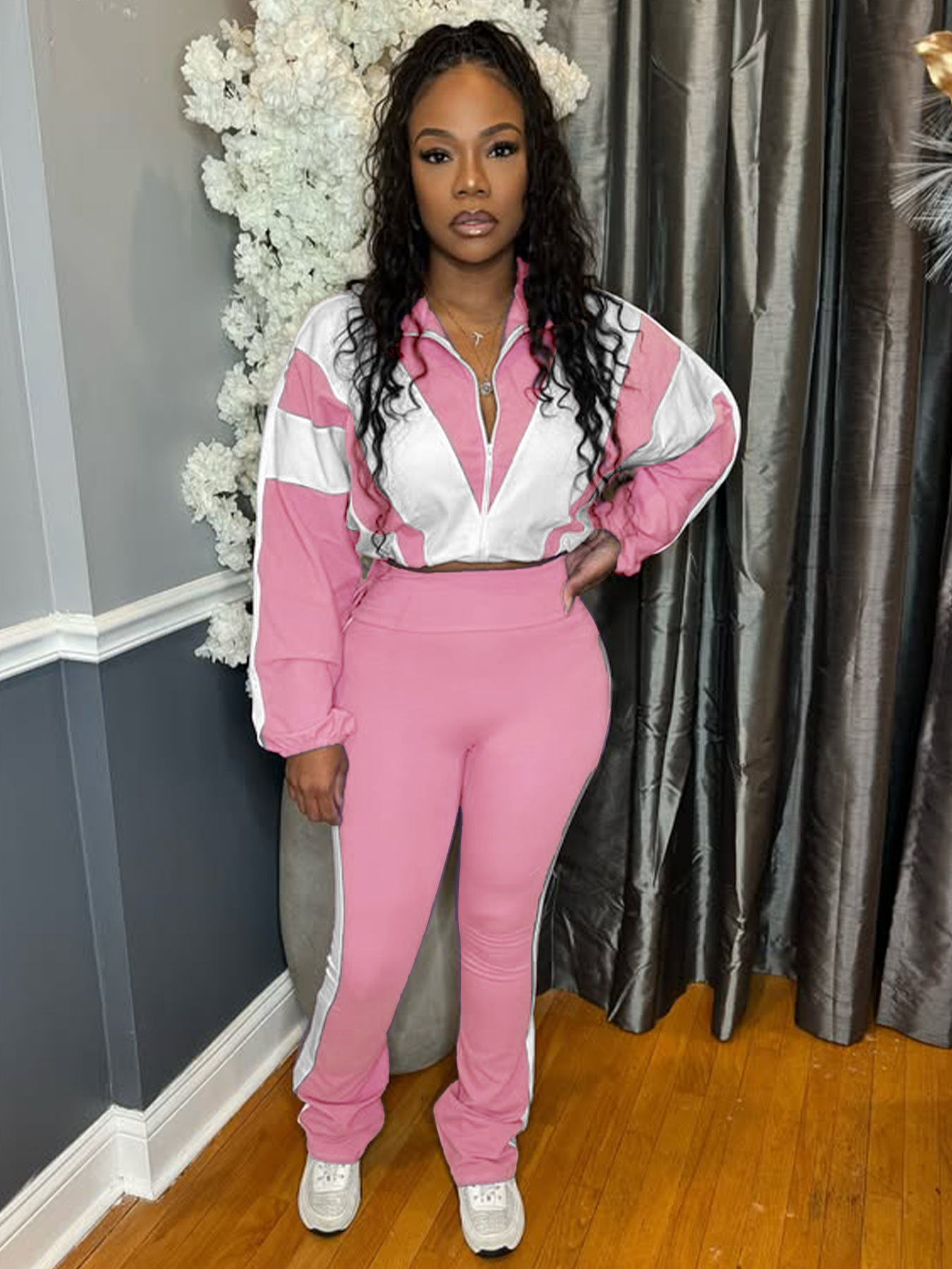 Women’s Casual Sportswear Color Block Slim Waist Two-Piece Jogger Set