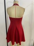 Women's Solid Color Halter Neck Lace-Up Strapless Hollow Patchwork Slim Waist Low Back Cocktail Dress