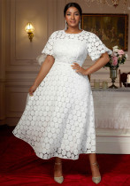 Africa Plus Size Round Neck Lace Puff Sleeve High Waist A-Line Formal Party Evening Gown