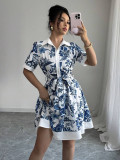 Fashion Slim Waist Printed Belt Short Sleeve Dress