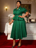 Plus Size Women's Green Jacquard Turndown Collar Button Ruffled Blouse A-line Skirt Two-Piece Set