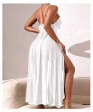 Pearl Embellished Low Back Nightgown Sexy Mesh Side Slit Strap Dress