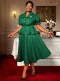 Plus Size Women's Green Jacquard Turndown Collar Button Ruffled Blouse A-line Skirt Two-Piece Set